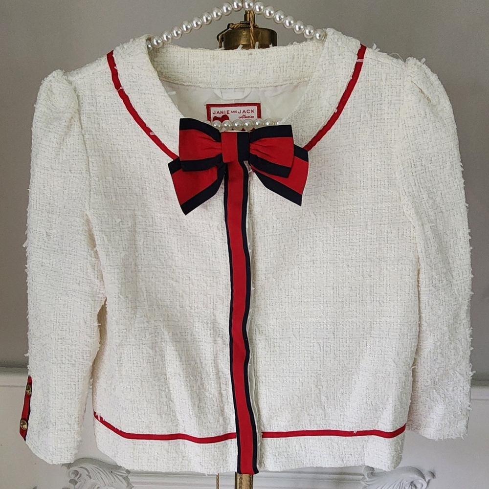 GirlsJanie and Jack Chic White Jacket with Red and Black Bow